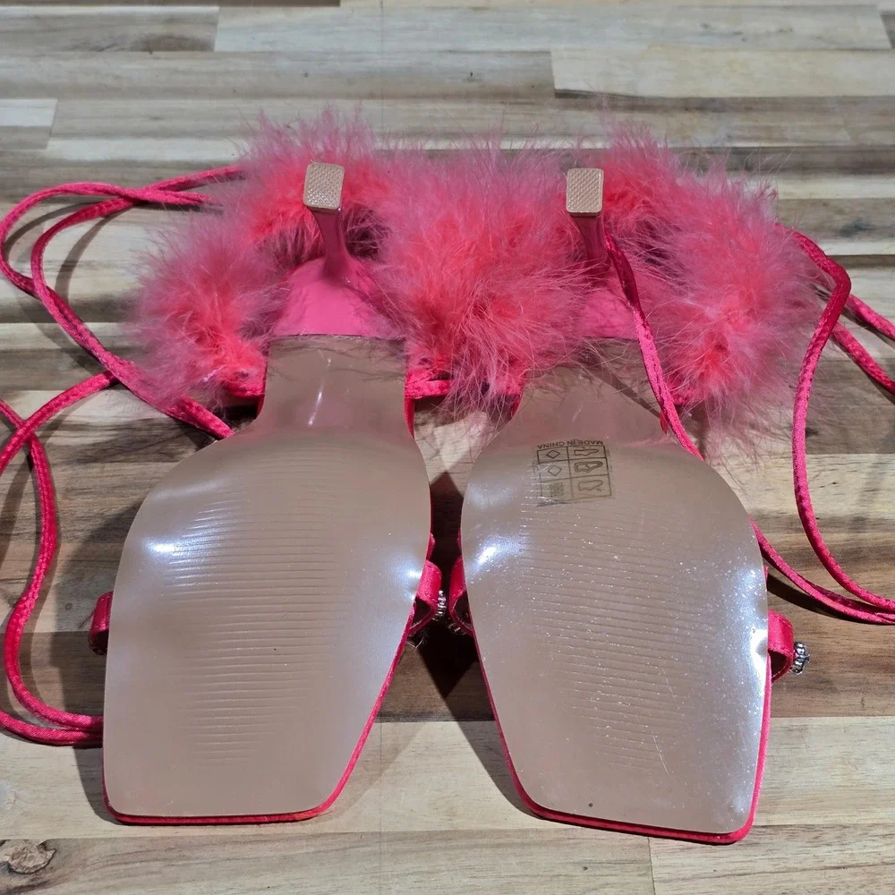 Hot Pink Rhinestone Feather Tie Up Heels‎ Sandals US Size7 Shein Size 38